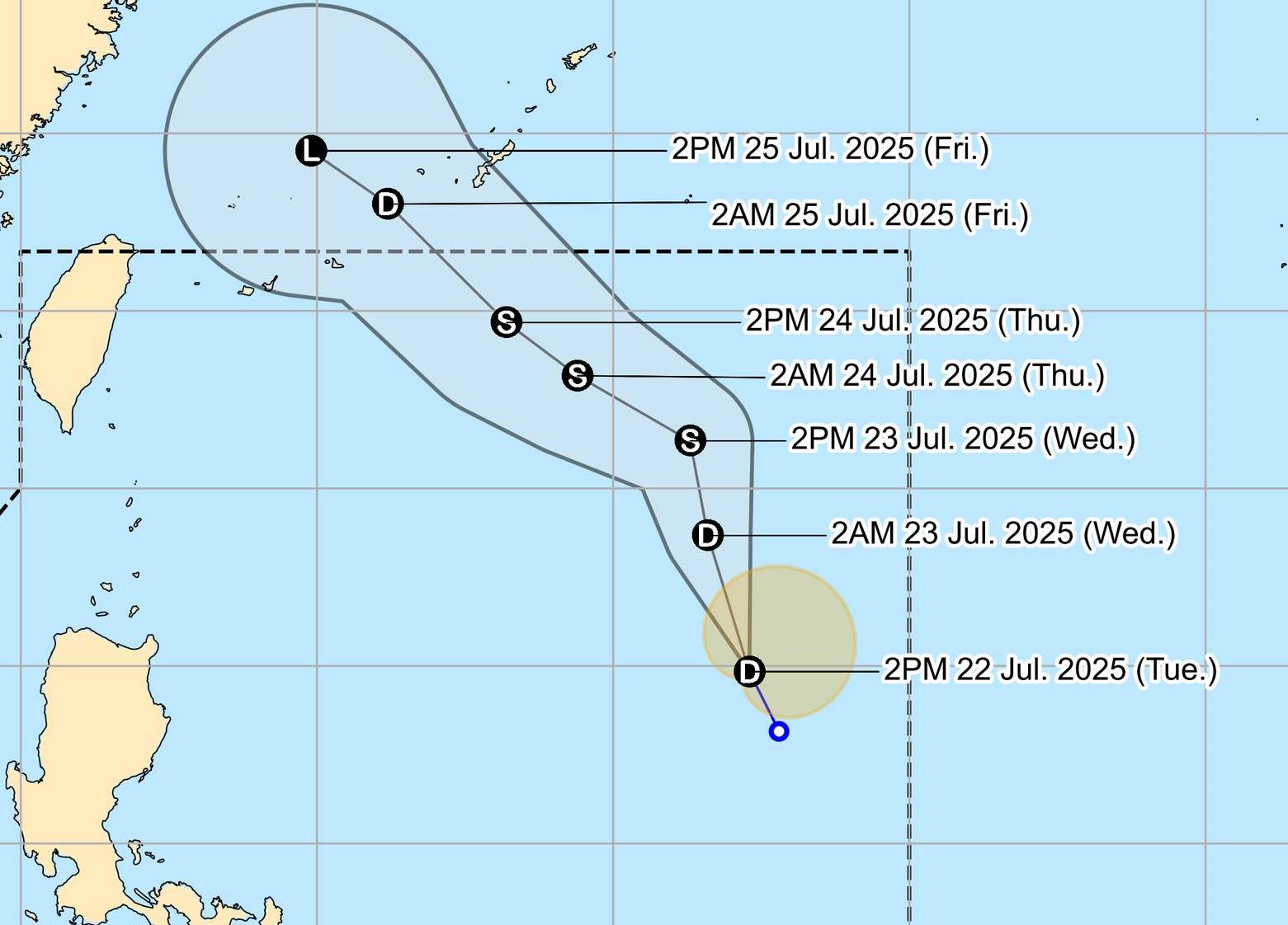 Áp thấp nhiệt đới gần Biển Đông sẽ mạnh lên thành bão trong 24 giờ tới. Ảnh: PAGASA