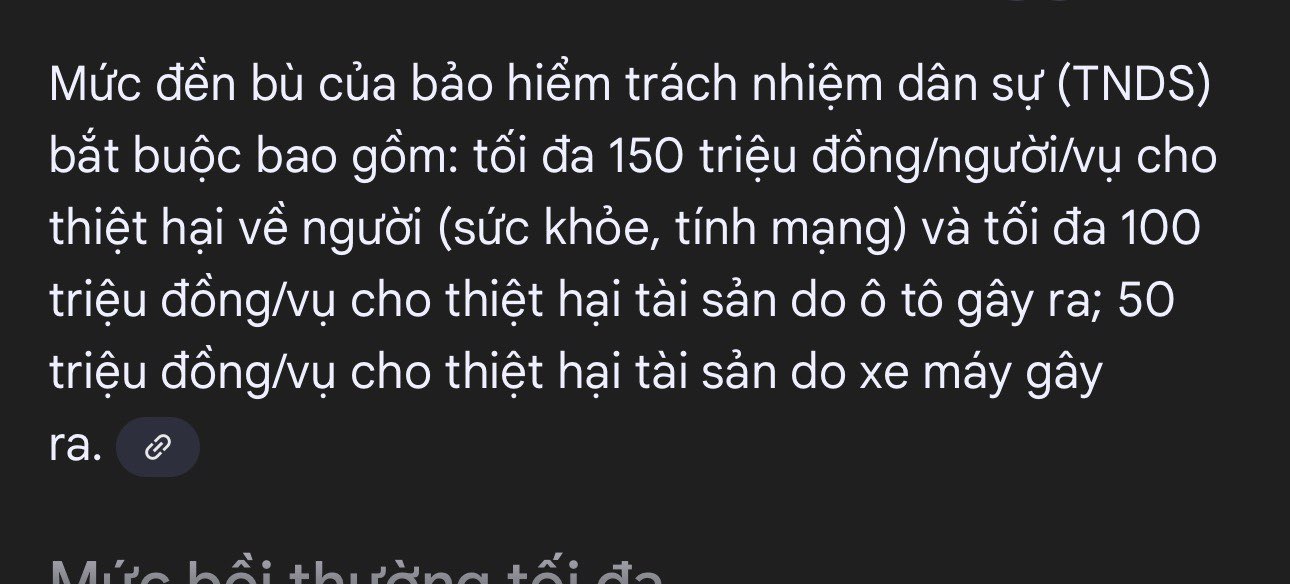 Có thể là hình ảnh về văn bản cho biết 'Mức đền bù của bảo hiểm trách nhiệm dân sự (TNDS) bắt buộc bao gồm: tối đa 150 triệu đồng/người/vụ cho thiệt hại về người (sức khỏe, tính mạng) và tối đa 100 triệu đồng/vụ cho thiệt hại tài sản do ô tô gây ra; 50 triệu đồng/vụ cho thiệt hại tài sản do xe máy gây ra. e'